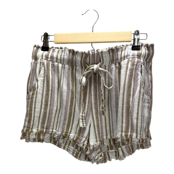 REWASH Striped Linen Blend Shorts with Drawstring Waist Size M Beige Lilac White - Picture 1 of 6